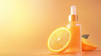 Bright glowing skincare product with orange slice, showcasing freshness and vitality. Perfect for enhancing beauty routines and promoting healthy skin