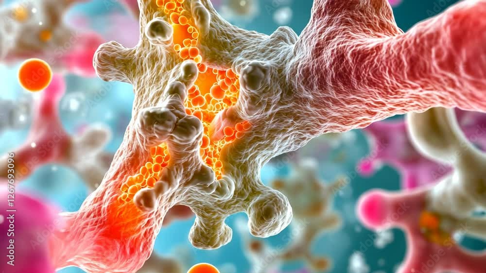 Poster microscopic view showcasing intricate structures of cells and their activity in a vibrant environmen