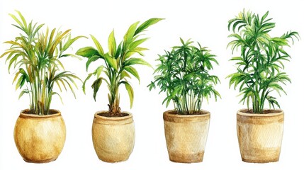 Obraz premium A Watercolor Set of Tropical Houseplants - Tranquil home decor, vibrant greenery, potted plants, tropical foliage, natural beauty. Symbolizing peace, growth, life, purity, and serenity