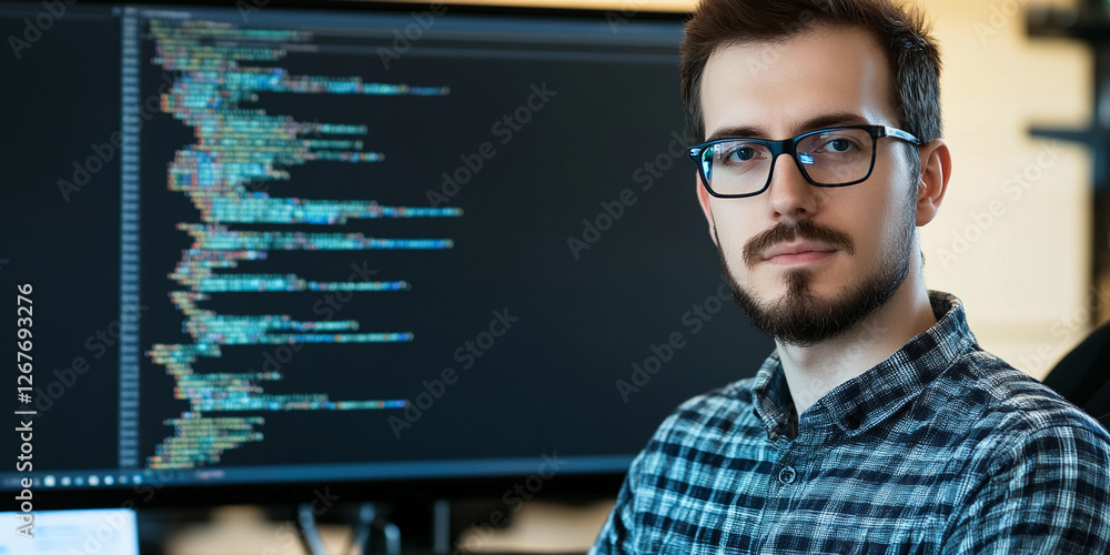 Poster Software developer working on code in a modern office