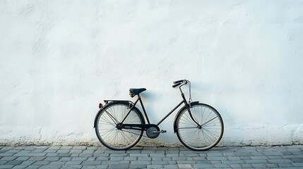Obraz premium Vintage bike leans against whitewashed wall, cobblestones, sunny day, travel poster