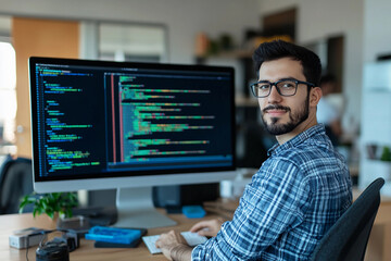 Young developer coding in a modern office environment