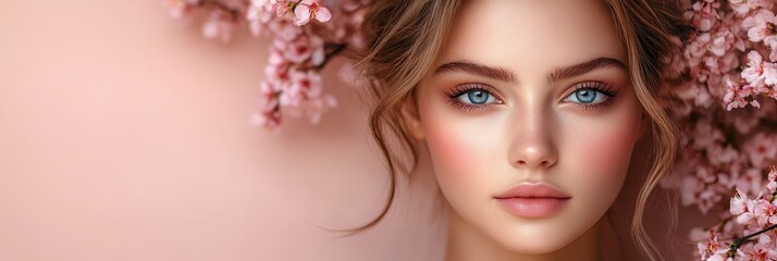 Beauty portrait with blooming flowers creating a soft, serene atmosphere