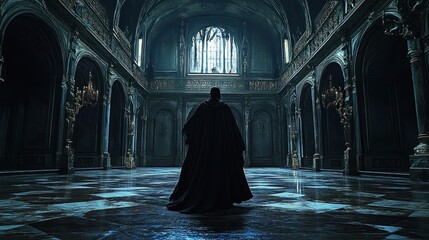 In a dimly lit castle room guests clad in dark flowing costumes and elaborate masks move gracefully creating an air of mystery and intrigue