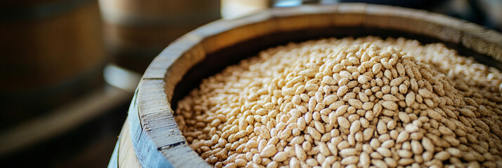 Pile of grains in wooden barrel at local storage facility