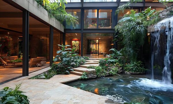 interior grand atrium arboretum with 10,000 plants and water fall in courtyard a large home designed by biophilic architecture