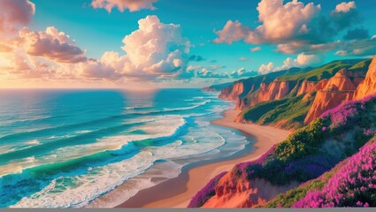 Naklejka premium Vibrant Coastal Landscape with Waves and Scenic Cliffs Under a Colorful Sky at Sunset