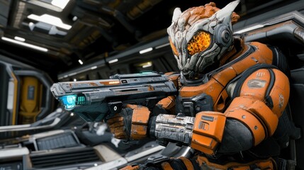 Fototapeta premium Sci-fi Soldier in Orange Armor with Futuristic Weapon