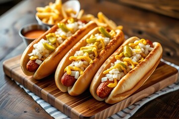 Gourmet Stadium-Style Hot Dogs with Classic Toppings and Hand-Cut Fries on Artisanal Wooden Board A Contemporary Take on American Street Food