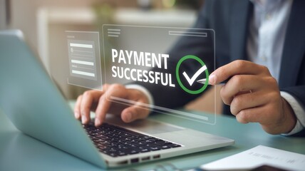 Person completes online payment successfully using a laptop computer