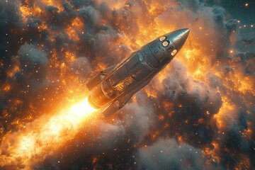 Fototapeta premium Silver Rocket soaring past a dramatic celestial cloudscape of fire