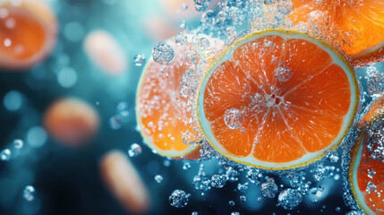 Fresh orange slices submerged in bubbles, showcasing vibrant colors and textures. This captures refreshing essence of citrus in dynamic underwater setting