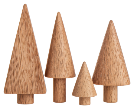 Four Wooden Christmas Trees Decoration Minimalist Design on Transparent Background