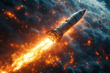 Obraz premium Crimson Ascent, Rocket's Fiery Journey Through Cosmic Skies