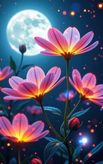  stunning close-up of vibrant, glowing flowers in full bloom, illuminated with soft golden light. The petals exhibit 