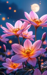 Fototapeta premium stunning close-up of vibrant, glowing flowers in full bloom, illuminated with soft golden light. The petals exhibit 
