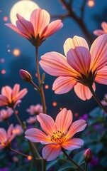 Fototapeta premium stunning close-up of vibrant, glowing flowers in full bloom, illuminated with soft golden light. The petals exhibit 