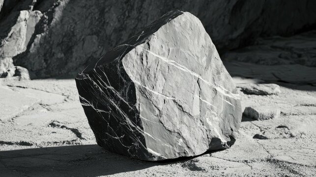 Large Stone Boulder with Visible Veins Striations Black and White