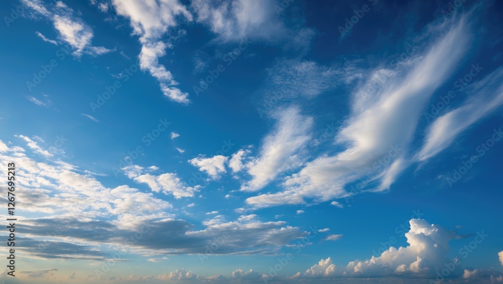 Poster serene blue sky adorned with wispy clouds creating a tranquil atmosphere ideal for backgrounds and n