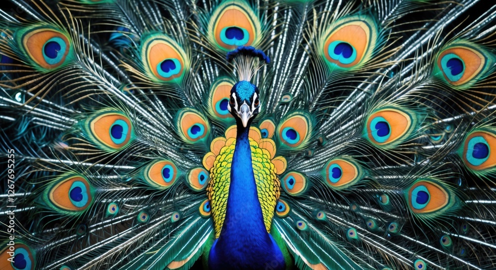Poster vibrant peacock tail showcasing intricate feather patterns in a striking abstract display of color a
