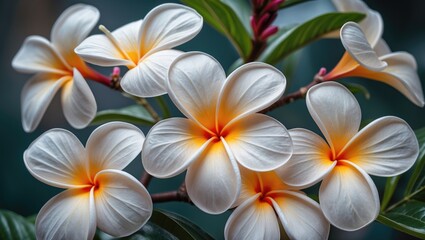Obraz premium Delicate plumeria flowers with vibrant petals showcasing natural beauty in a serene still life composition.