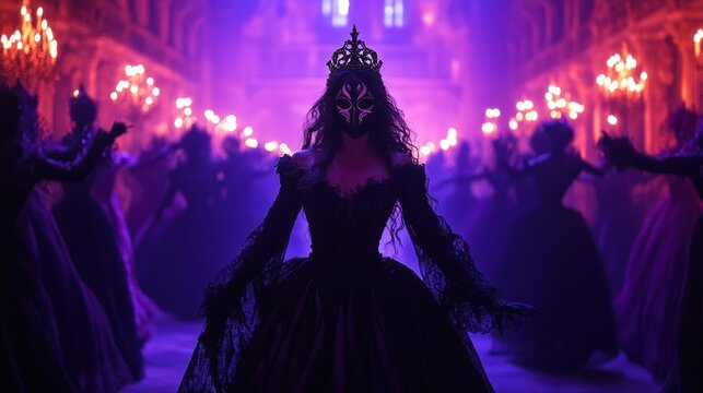 Candle-lit shadows dance across an ancient castle as elegantly costumed figures glide silently their masks concealing identities and secrets