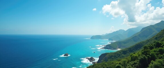 Obraz premium Aerial View of the Turquoise Sea and Lush Green Coastline Under a Clear Blue Sky
