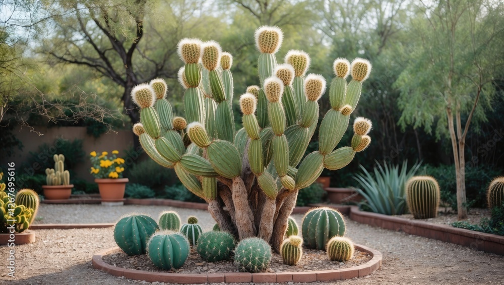 Poster lush desert garden featuring unique cactus varieties surrounded by greenery and empty space for text