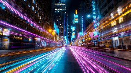 Dynamic Urban Nightscape Featuring Blurring Light Trails of Vehicles on City Street at High Speed