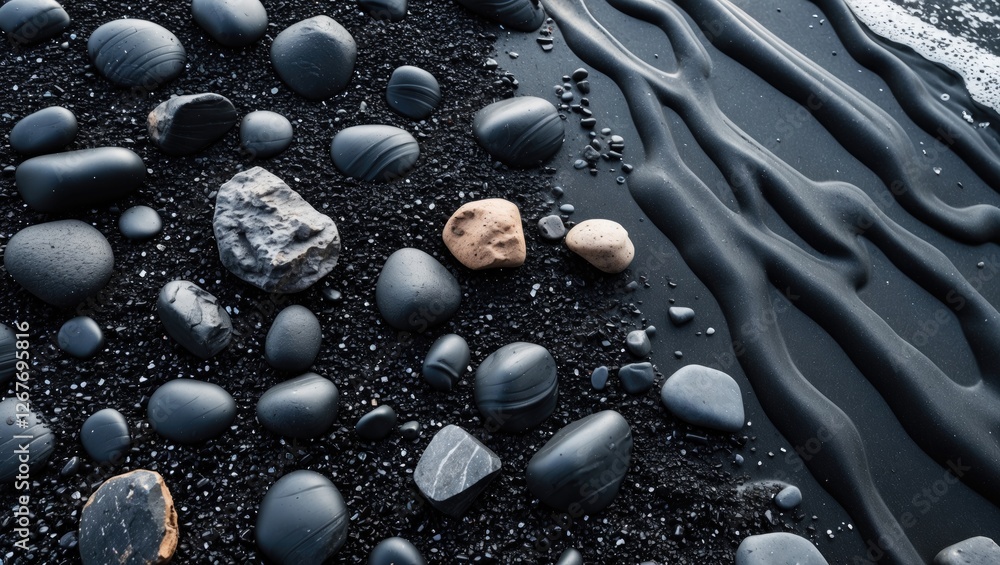 Poster magnetic black sand and smooth pebbles on water-scaped dunes aerial view textured background with sp