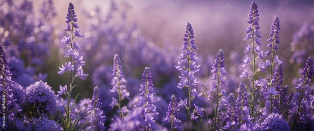 Poster lush field of stunning purple flowers with soft bokeh background and ample space for text to create 