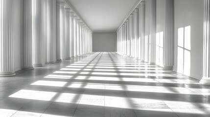 Elegant Architectural Corridor with Ornate Columns and Dramatic Lighting