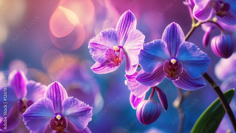 Poster vibrant orchids blooming against a softly blurred background with space for text expansion and beaut