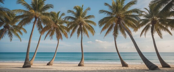 Serene Beach View with Lush Palm Trees and Tranquil Blue Ocean Under Clear Sky Suitable for Promotional Text and Relaxation Themes