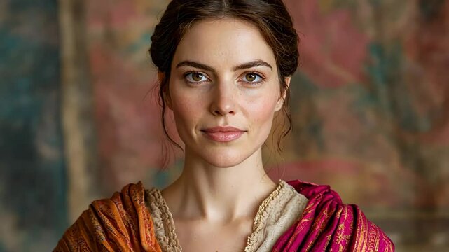 Woman in vibrant traditional clothing poses confidently against an artistic background