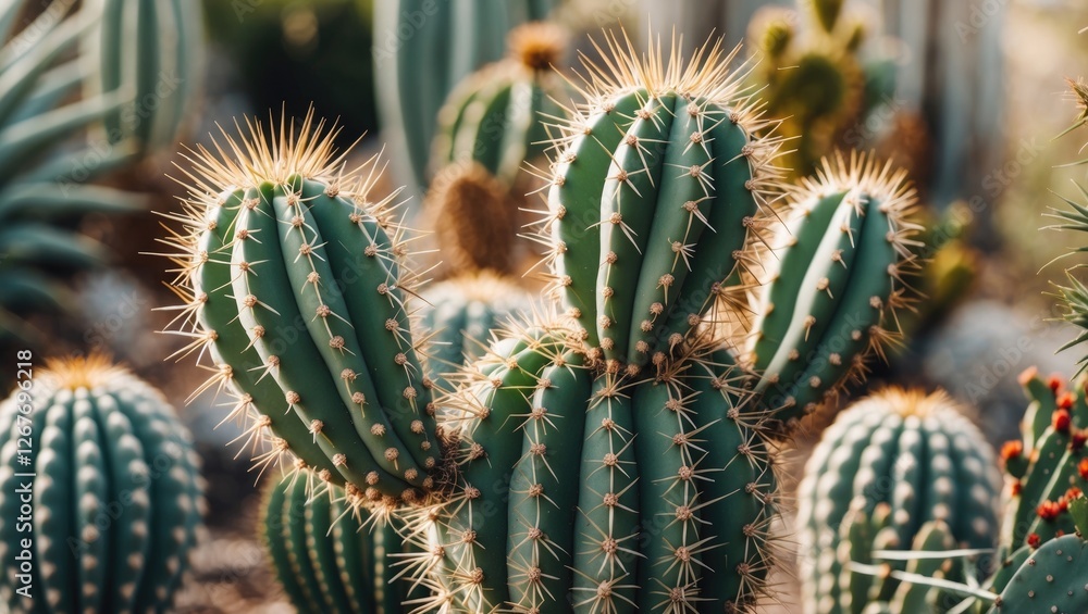 Poster close-up of thorny green cacti in desert setting showcasing unique texture and detail of spikes on s