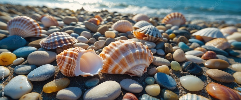 Poster seashells and multicolored pebbles on sunlit beach shore with gentle waves in background capturing t