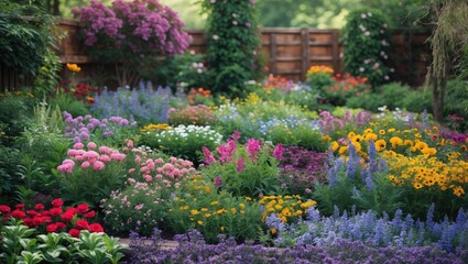 Vibrant Flower Garden in Full Bloom with Lush Colors and Space for Your Text Additions