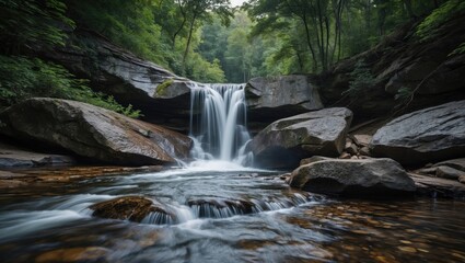 Fototapeta premium Serene Waterfall Cascading Over Rocks In Lush Green Forest With Gentle Water Motion And Tranquil Atmosphere Ideal For Nature Themes