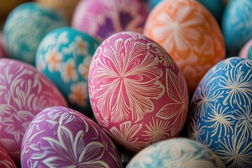 A vibrant close-up display of intricately painted eggs showcasing a variety of colors and designs, symbolizing celebration and artistry.