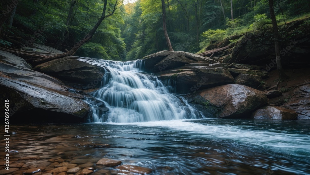 Poster serene small waterfall cascading over rocks in lush green forest with calm pool and space for text o