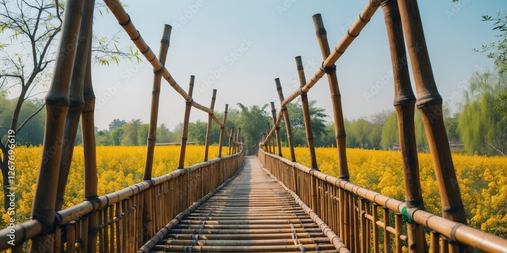 Poster bamboo bridge surrounded by vibrant yellow flower field in clear perspective with ample copy space f