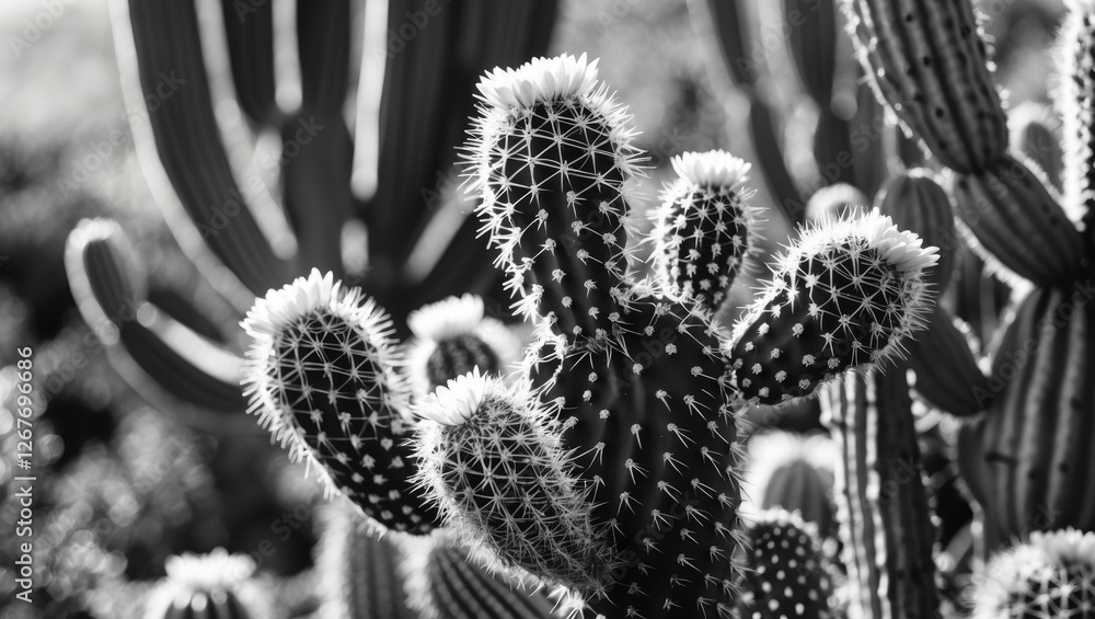 Poster black and white cactus close up featuring intricate details and ample space for custom text overlay