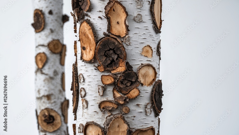 Poster detailed close-up of birch tree bark showcasing unique textures and natural patterns against a clean