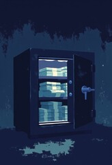 Minimalist Flat Color Illustration of Open Safe with Cash, Dark Vault Interior, Copy Space for Text