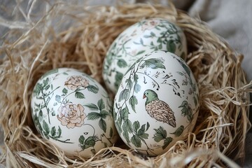 Obraz premium A delicate scene featuring three eggs nestled in a nest, accompanied by a bird and surrounded by beautiful floral designs.