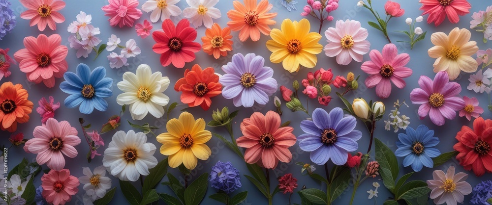 Poster vibrant floral arrangement with multicolored blooms and clear space for text use in design projects 