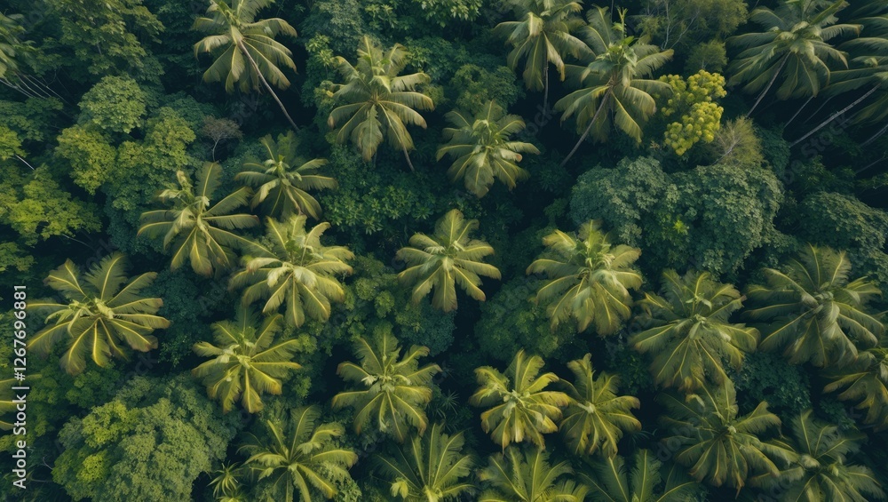 Poster lush green aerial view of dense rainforest with abundant palm trees and space for text