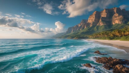 Fototapeta premium Serene Ocean Vista with Majestic Mountains and Lush Greenery Under a Vibrant Sky