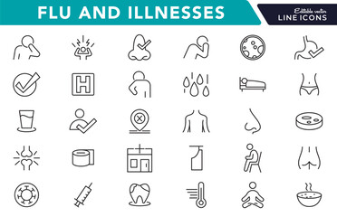 Flu and illnesses line icon set. Pandemic, cough, fever, lung CT scan, headache, pneumonia, lungs, kidney, brain, bones line icon set. UI thin line icon pack.